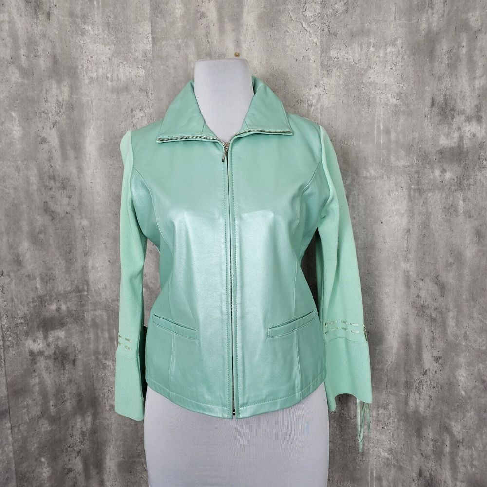 Vintage Y2K Carina Womens M Spearmint‎ Green Metallic Leather Zip Front Jacket